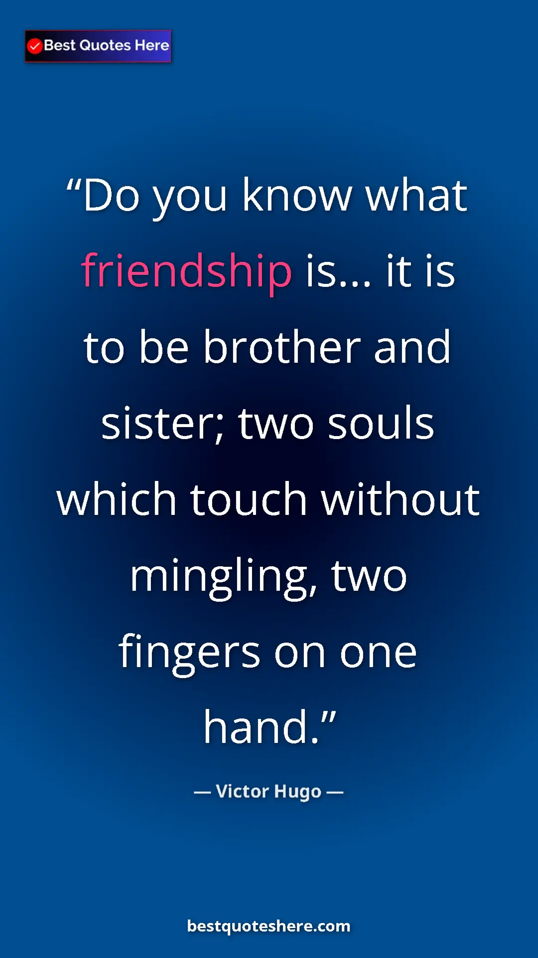 Pinterest quote poster by Victor Hugo: "Do you know what friendship is... it is to be brother and..."