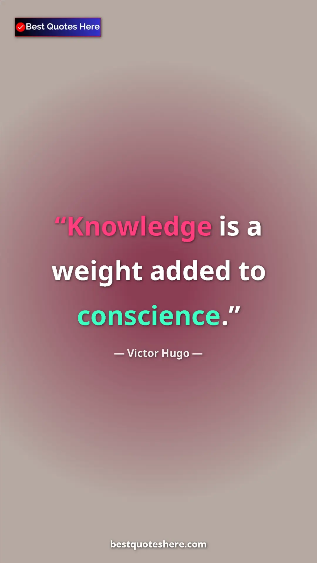 Victor Hugo Quote Card: "Knowledge is a weight added to conscience." Pinterest quote poster by Victor Hugo: "Knowledge is a weight added to conscience."