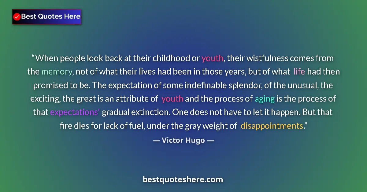 Quote by Victor Hugo: When people look back at their childhood or youth, their wistfulness comes from the memory, not of w...