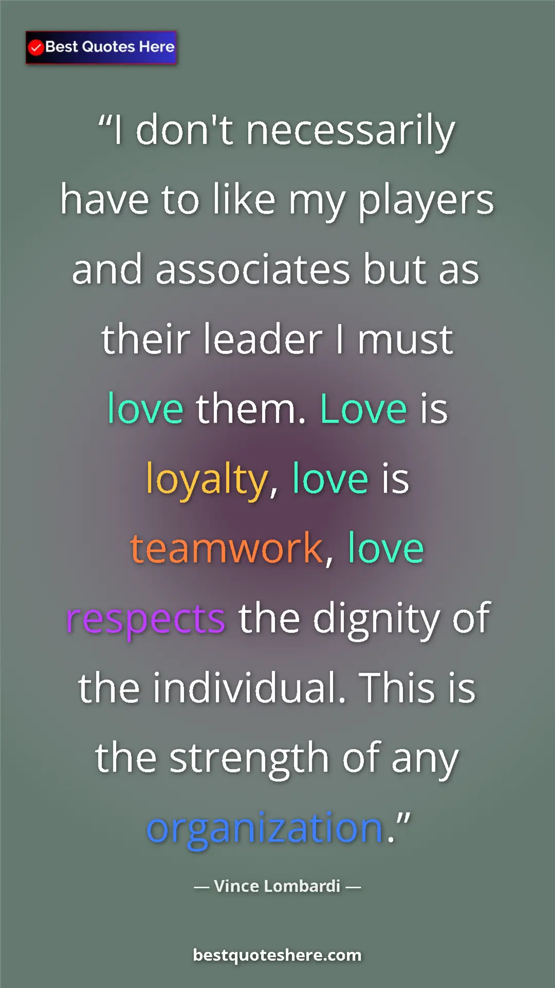Vince Lombardi Quote Card: "I don't necessarily have to like my players and associates..." Pinterest quote poster by Vince Lombardi: "I don't necessarily have to like my players and associates..."