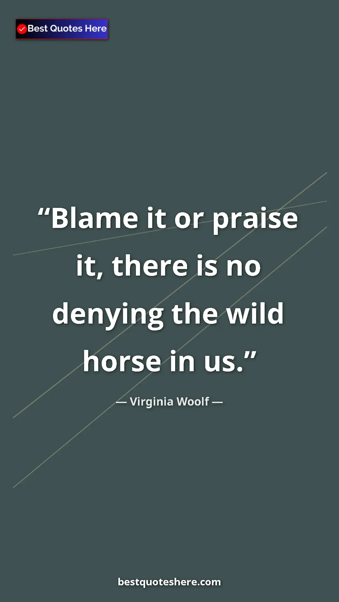 Pinterest quote poster by Virginia Woolf: "Blame it or praise it, there is no denying the wild horse..."