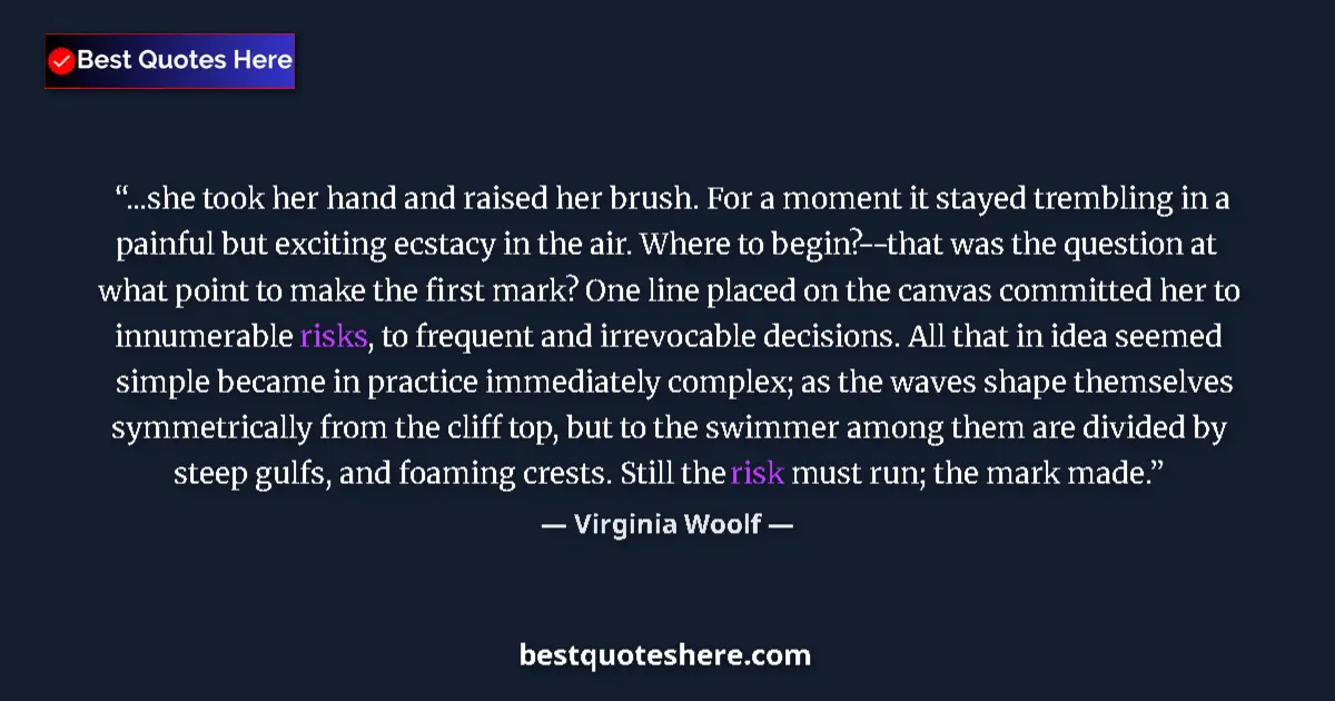 Quote by Virginia Woolf: ...she took her hand and raised her brush. For a moment it stayed trembling in a painful but excitin...