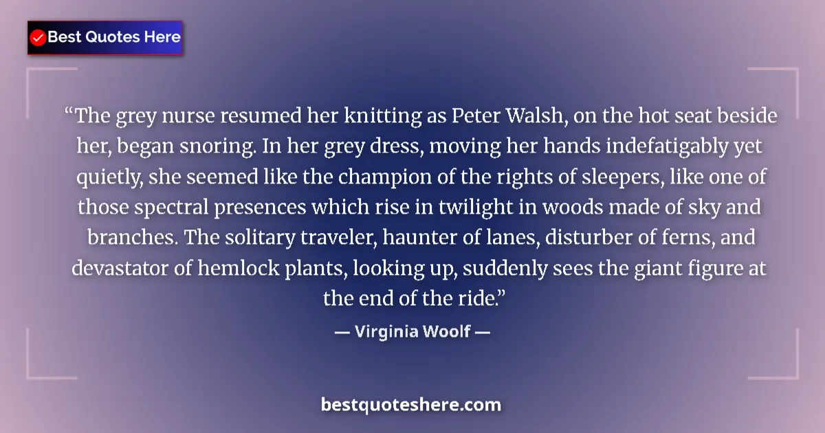 Quote by Virginia Woolf: The grey nurse resumed her knitting as Peter Walsh, on the hot seat beside her, began snoring. In he...