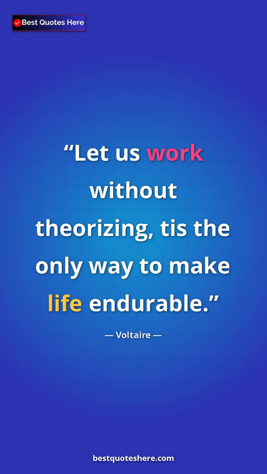 Pinterest quote poster by Voltaire: "Let us work without theorizing, tis the only way to make..."