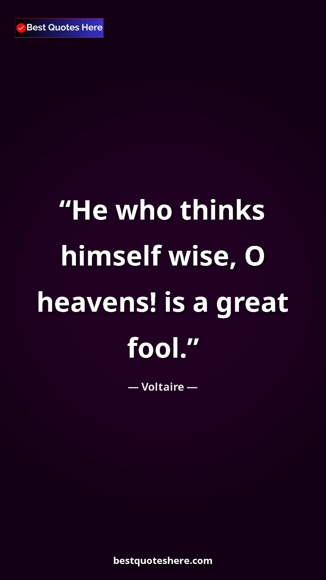 Pinterest quote poster by Voltaire: "He who thinks himself wise, O heavens! is a great fool."