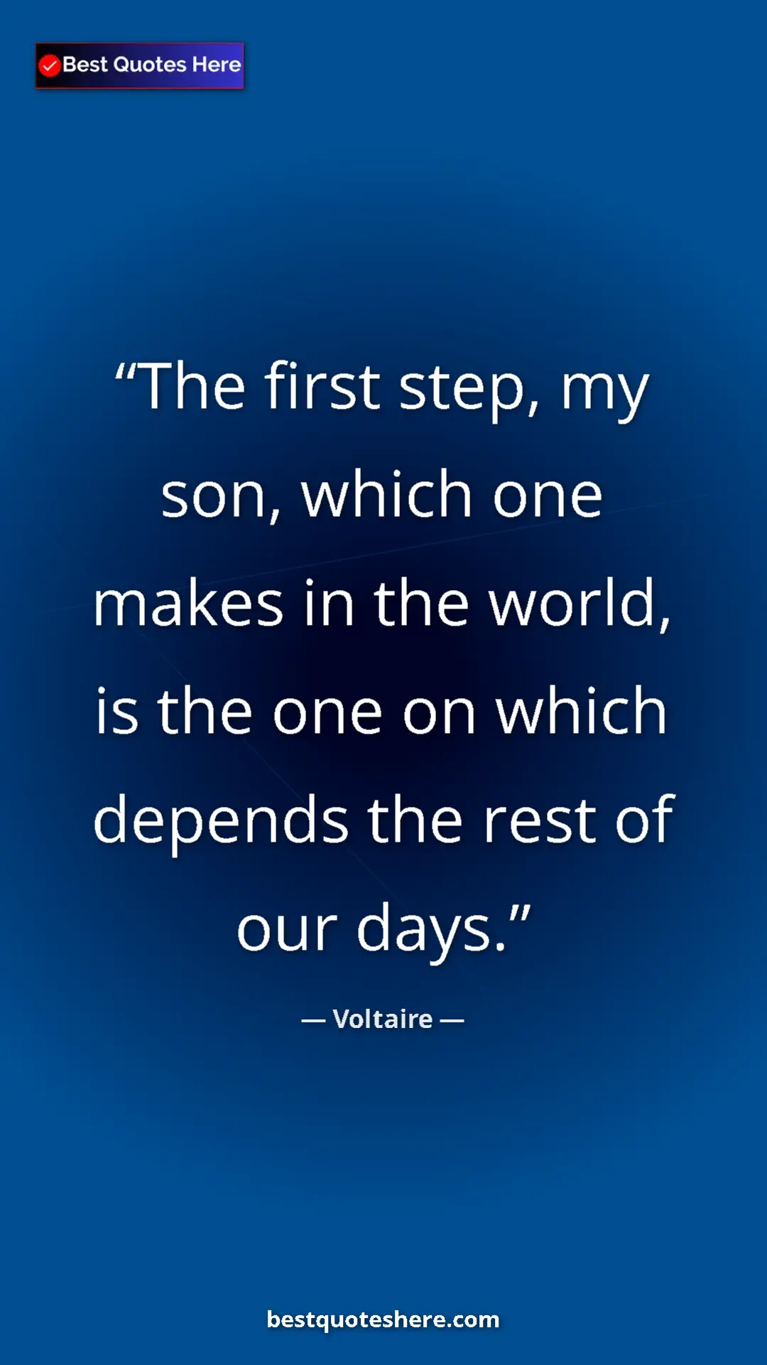 Pinterest quote poster by Voltaire: "The first step, my son, which one makes in the world, is..."