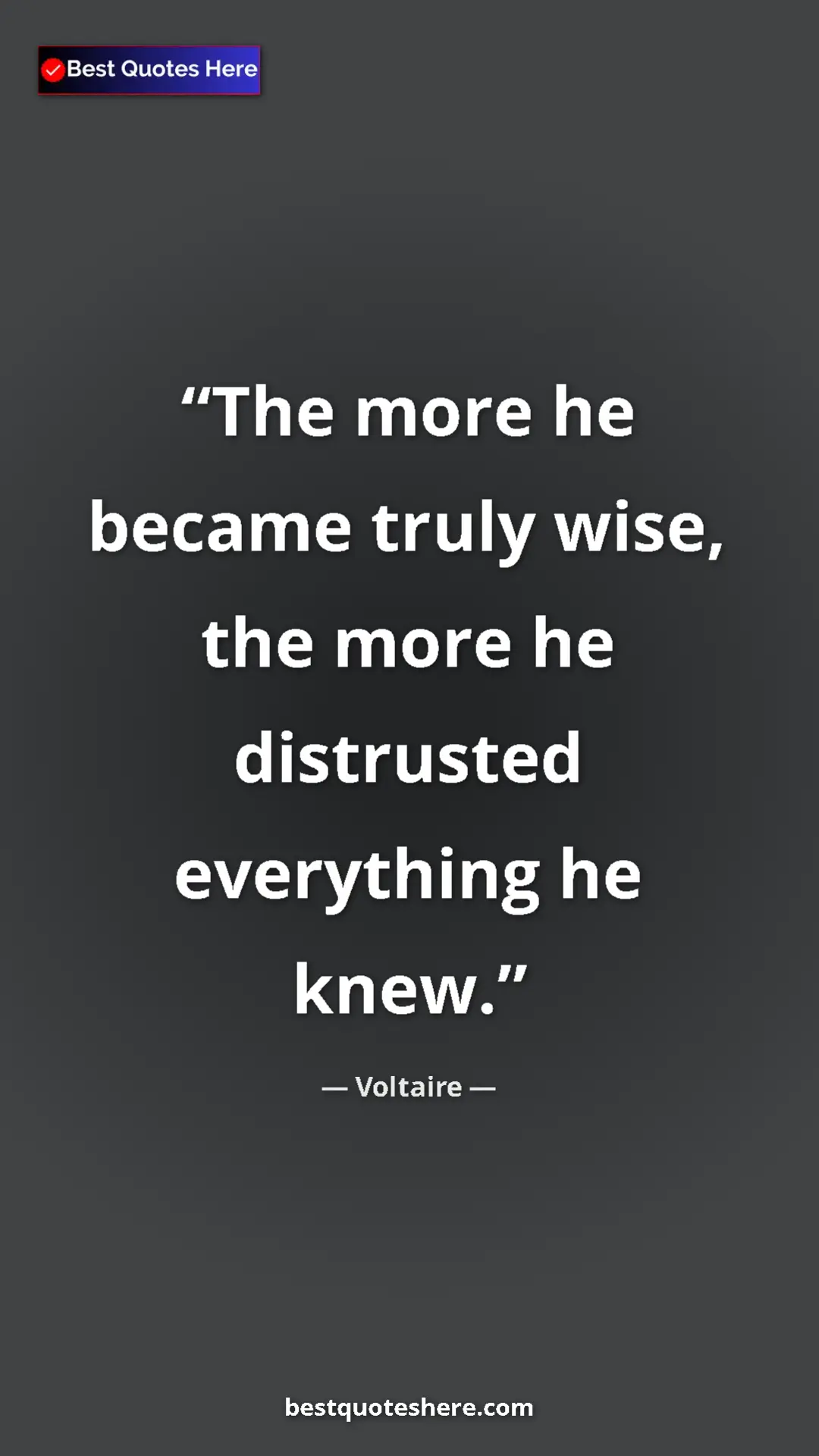 Pinterest quote poster by Voltaire: "The more he became truly wise, the more he distrusted..."