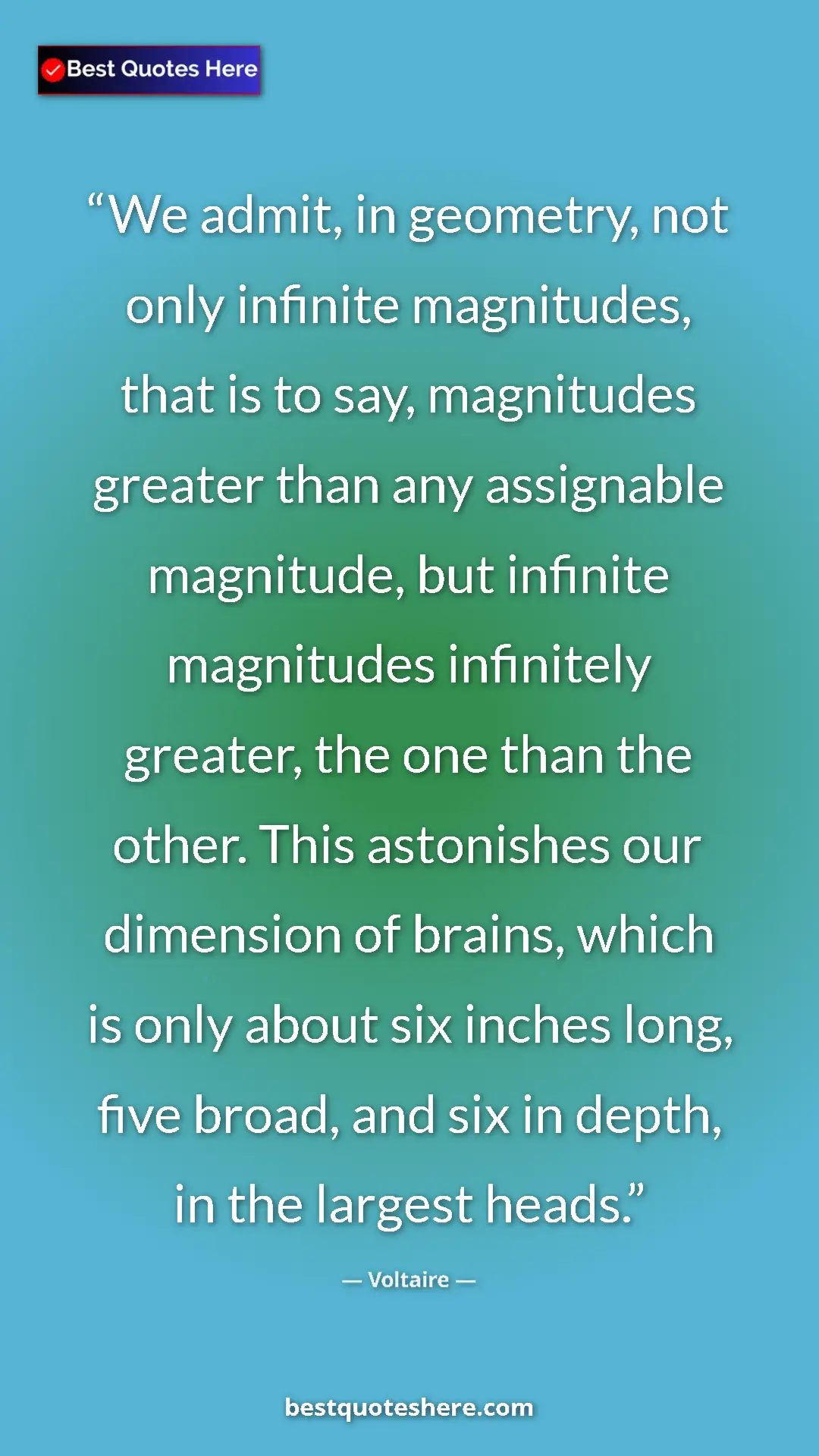 Voltaire Quote Card: "We admit, in geometry, not only infinite magnitudes, that..." Pinterest quote poster by Voltaire: "We admit, in geometry, not only infinite magnitudes, that..."