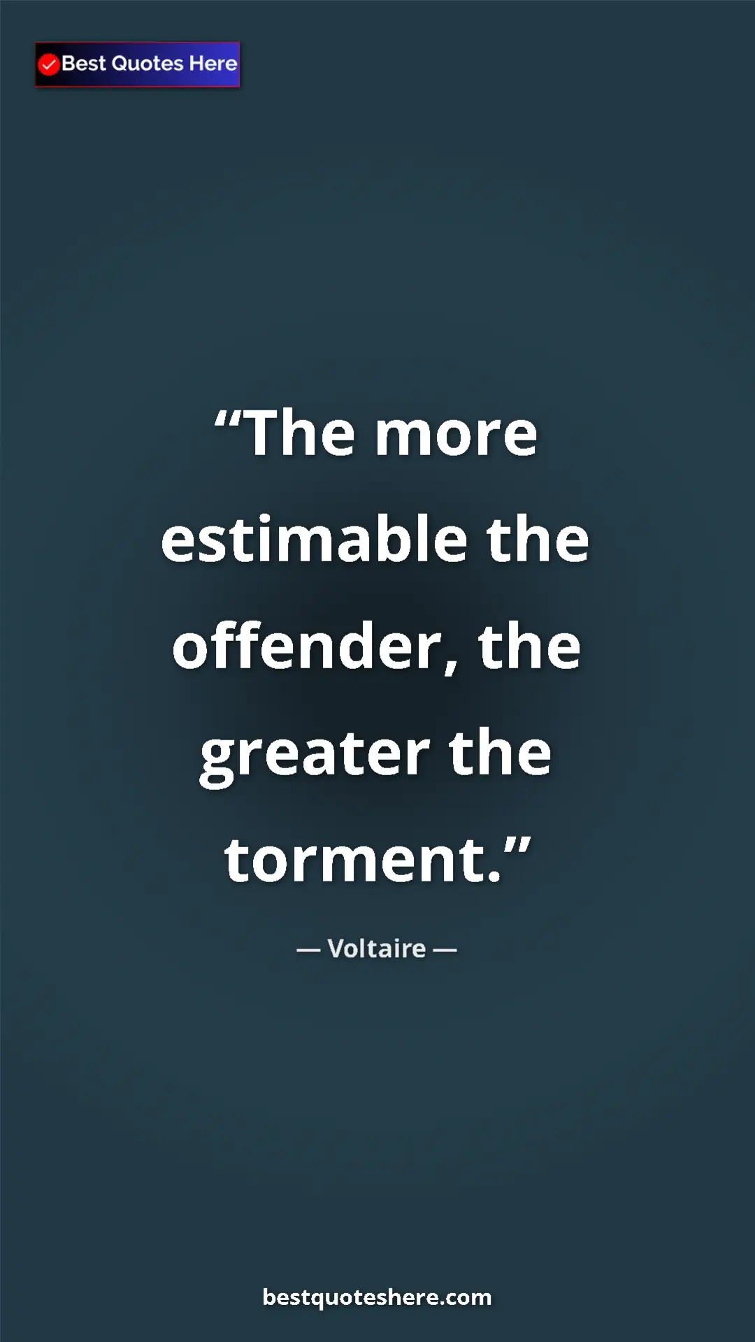 Pinterest quote poster by Voltaire: "The more estimable the offender, the greater the torment."