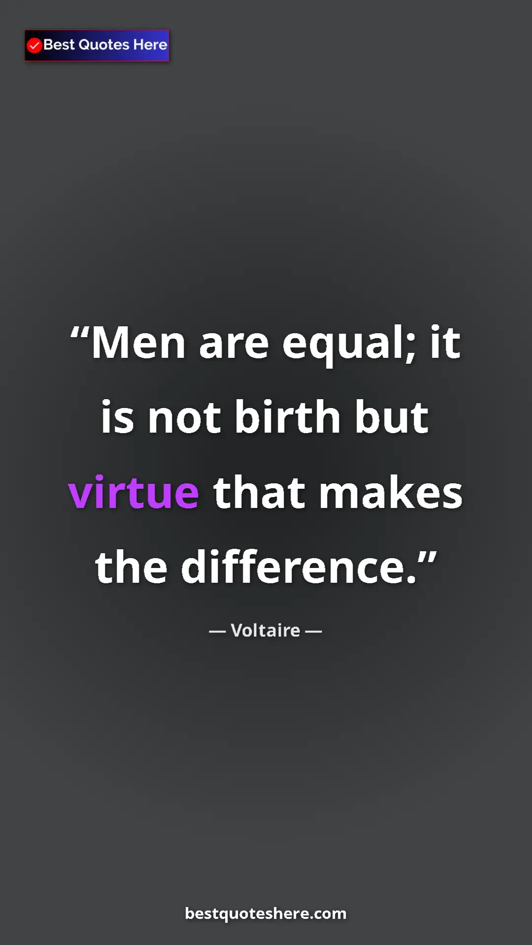 Pinterest quote poster by Voltaire: "Men are equal; it is not birth but virtue that makes the..."