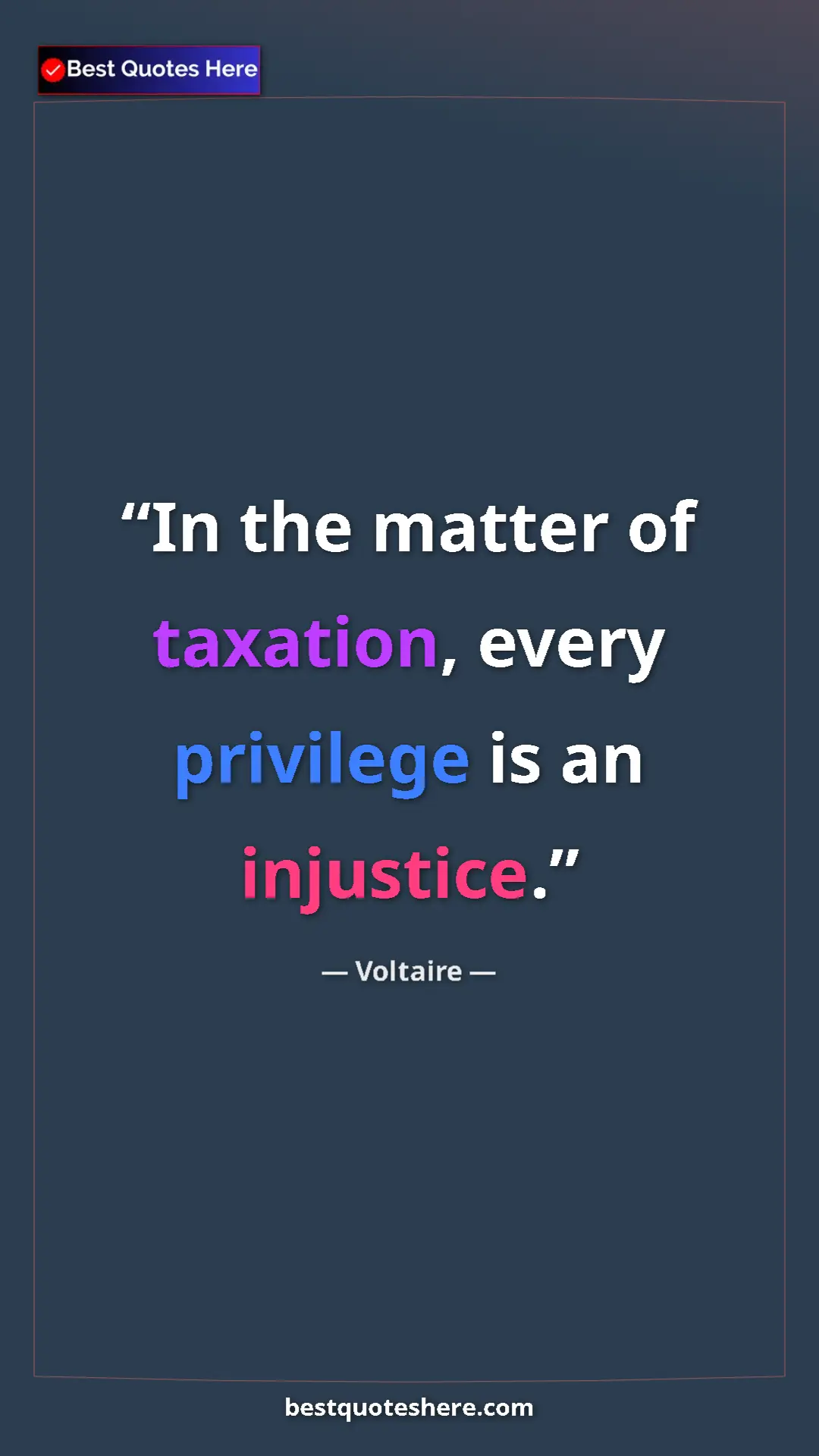 Pinterest quote poster by Voltaire: "In the matter of taxation, every privilege is an injustice."