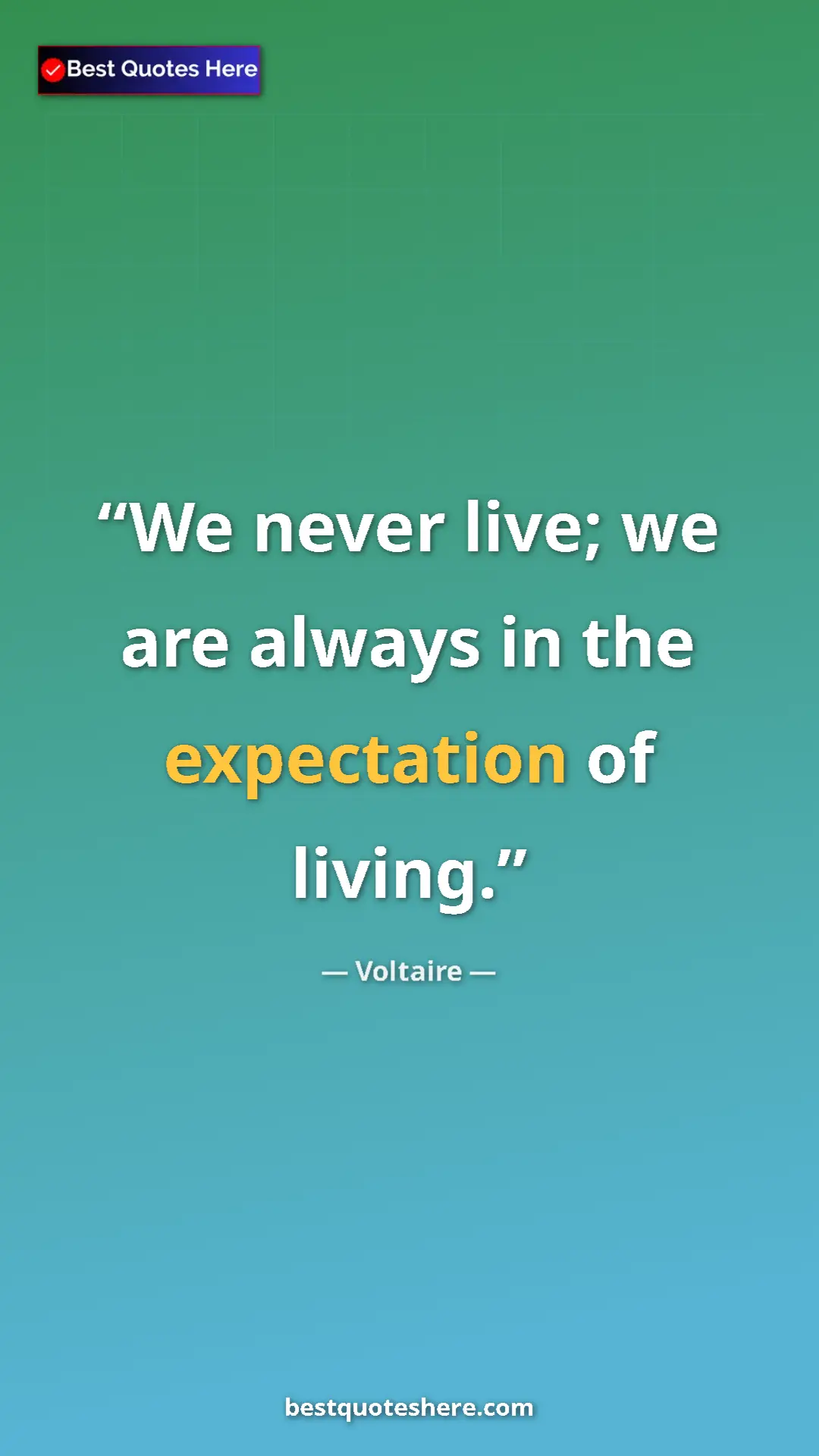 Pinterest quote poster by Voltaire: "We never live; we are always in the expectation of living."
