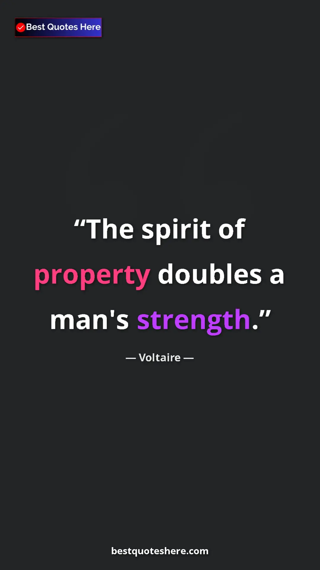 Pinterest quote poster by Voltaire: "The spirit of property doubles a man's strength."