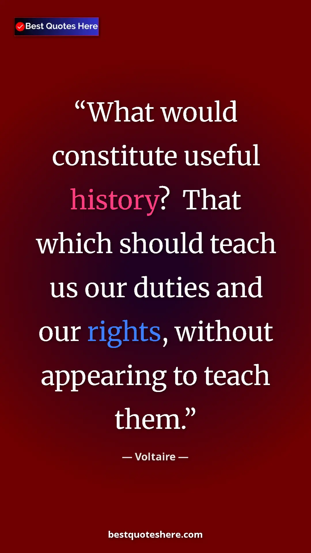 Pinterest quote poster by Voltaire: "What would constitute useful history?  That which should..."
