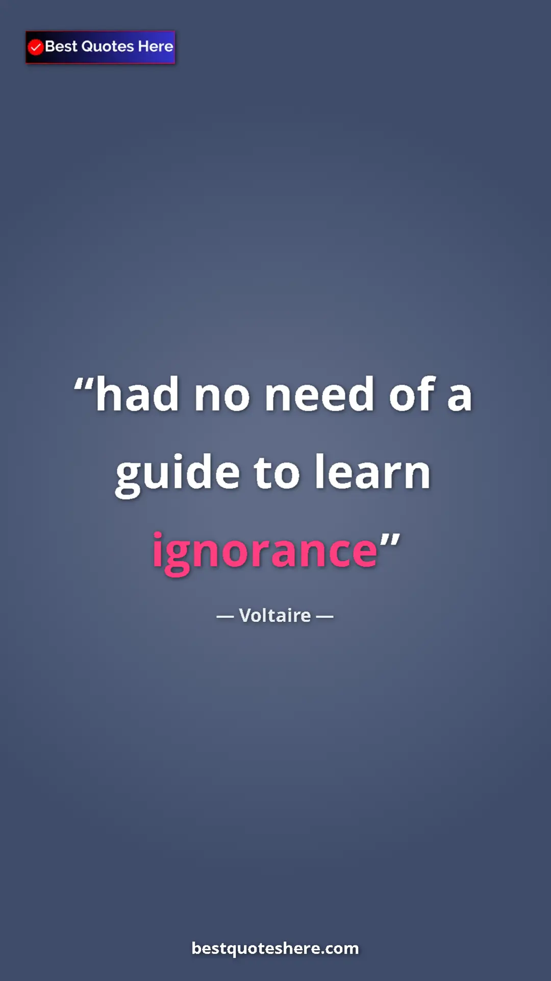 Pinterest quote poster by Voltaire: "had no need of a guide to learn ignorance"