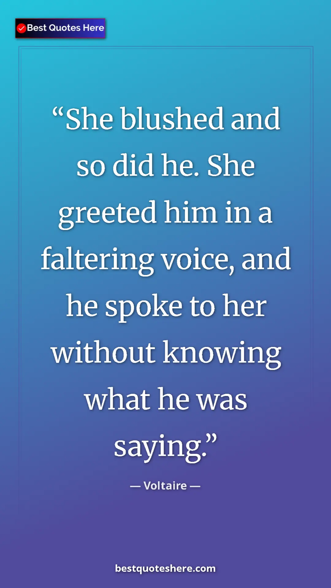 Pinterest quote poster by Voltaire: "She blushed and so did he. She greeted him in a faltering..."