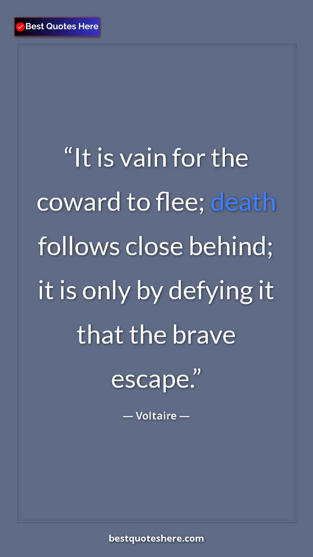 Pinterest quote poster by Voltaire: "It is vain for the coward to flee; death follows close..."