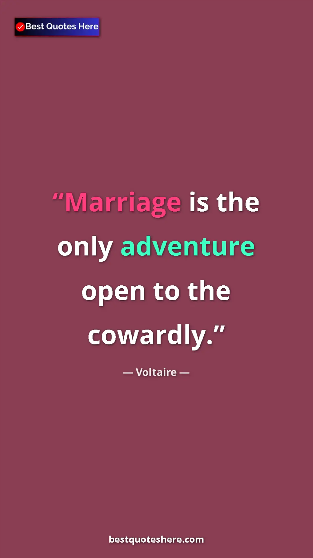 Pinterest quote poster by Voltaire: "Marriage is the only adventure open to the cowardly."