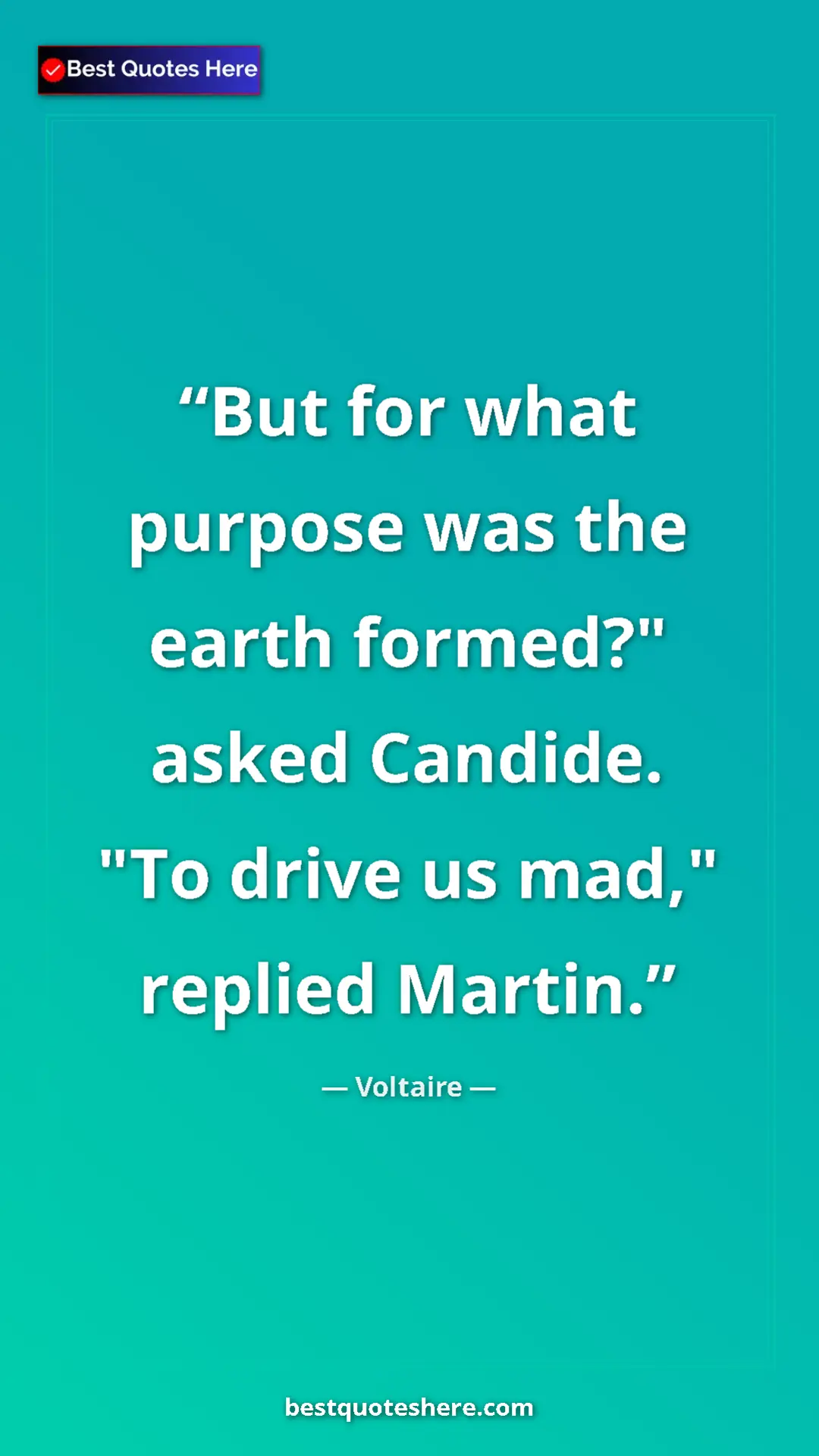Pinterest quote poster by Voltaire: "But for what purpose was the earth formed?" asked Candide...."
