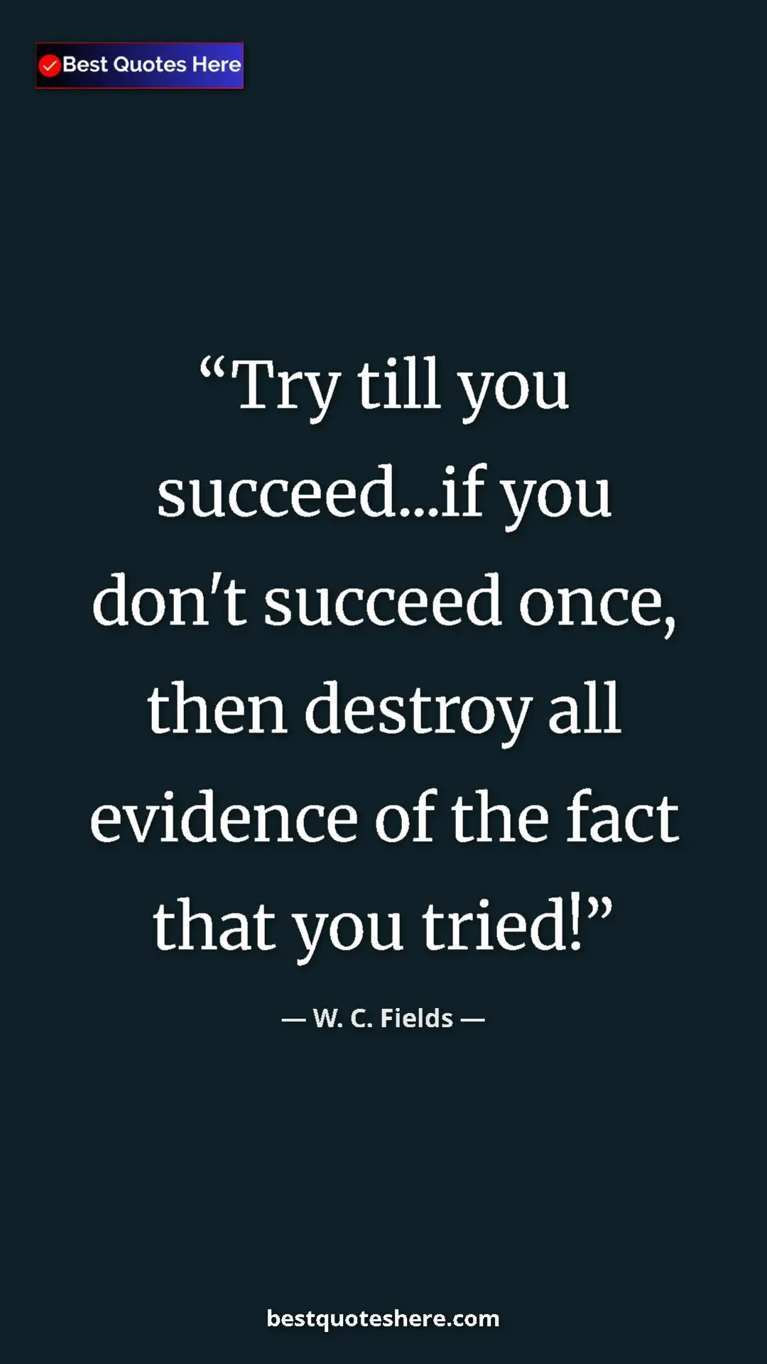 Pinterest quote poster by W. C. Fields: "Try till you succeed...if you don't succeed once, then destr"