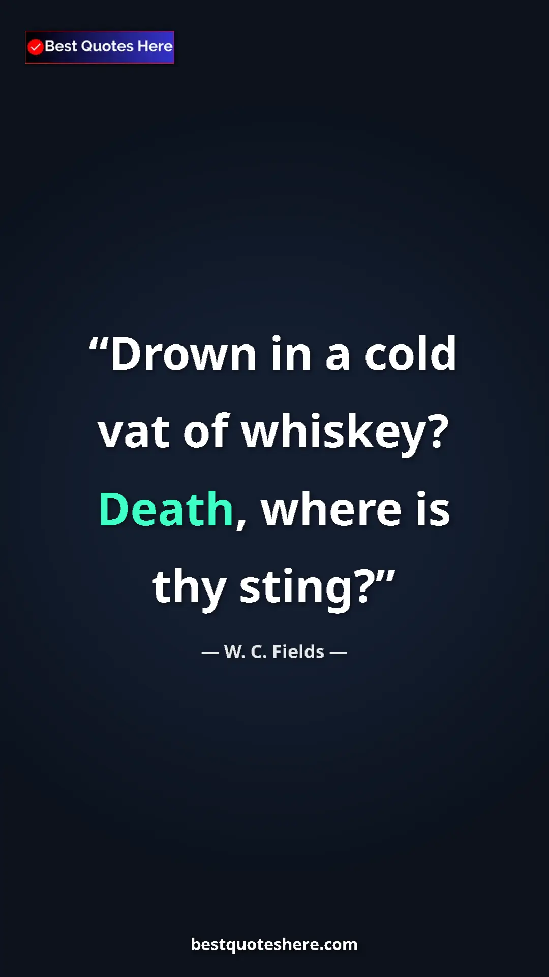 Pinterest quote poster by W. C. Fields: "Drown in a cold vat of whiskey? Death, where is thy sting?"
