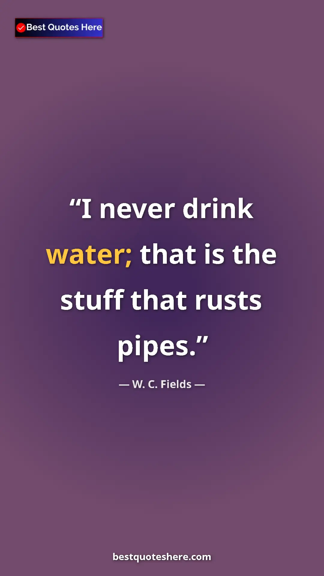 Pinterest quote poster by W. C. Fields: "I never drink water; that is the stuff that rusts pipes."