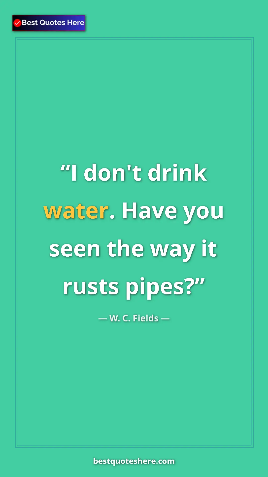 Pinterest quote poster by W. C. Fields: "I don't drink water. Have you seen the way it rusts pipes?"