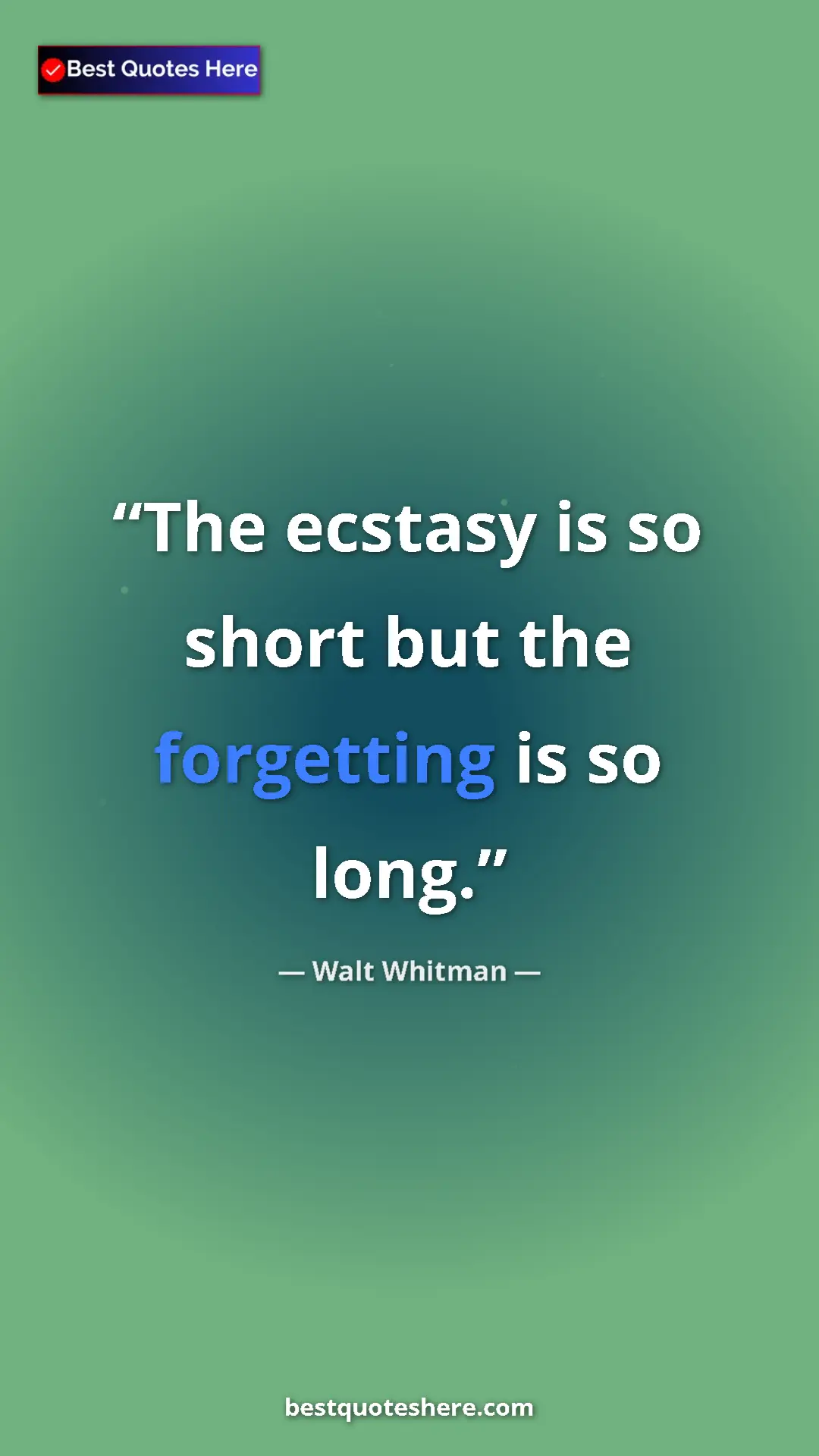 Walt Whitman Quote Card: "The ecstasy is so short but the forgetting is so long." Pinterest quote poster by Walt Whitman: "The ecstasy is so short but the forgetting is so long."