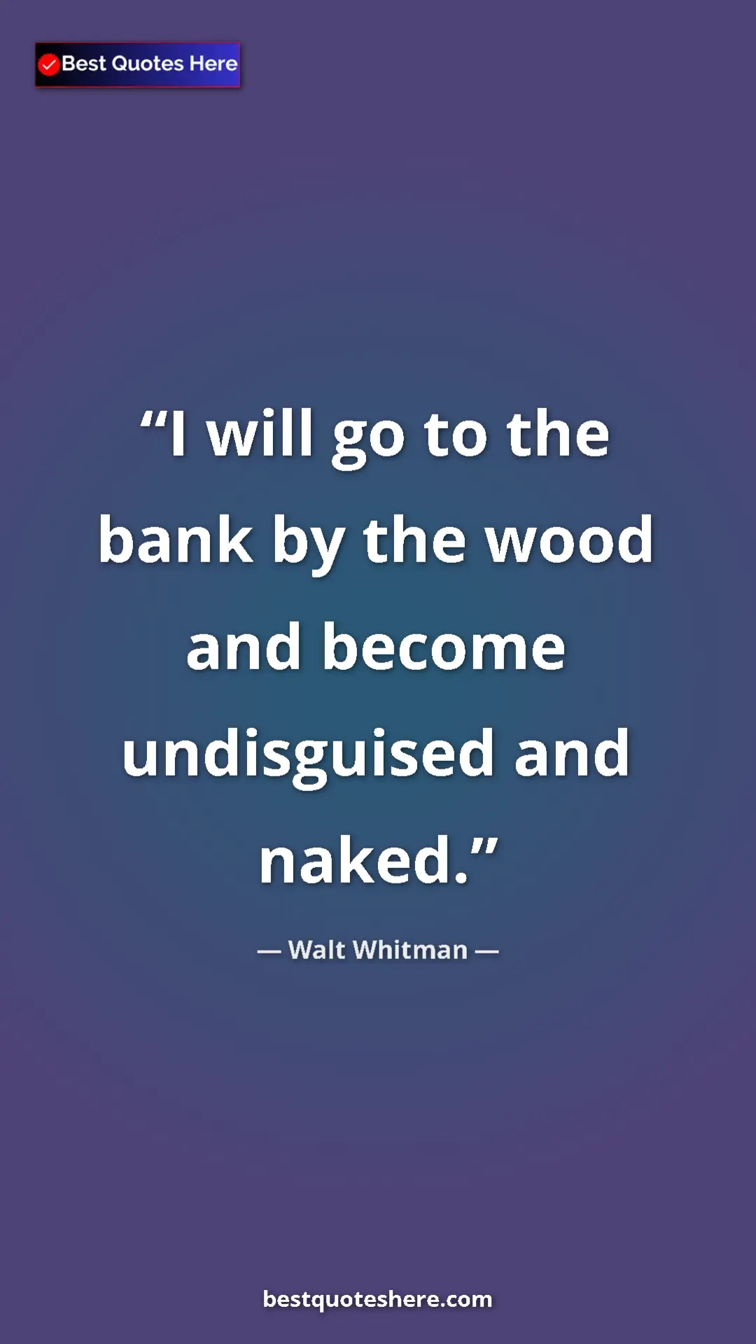 Pinterest quote poster by Walt Whitman: "I will go to the bank by the wood and become undisguised..."