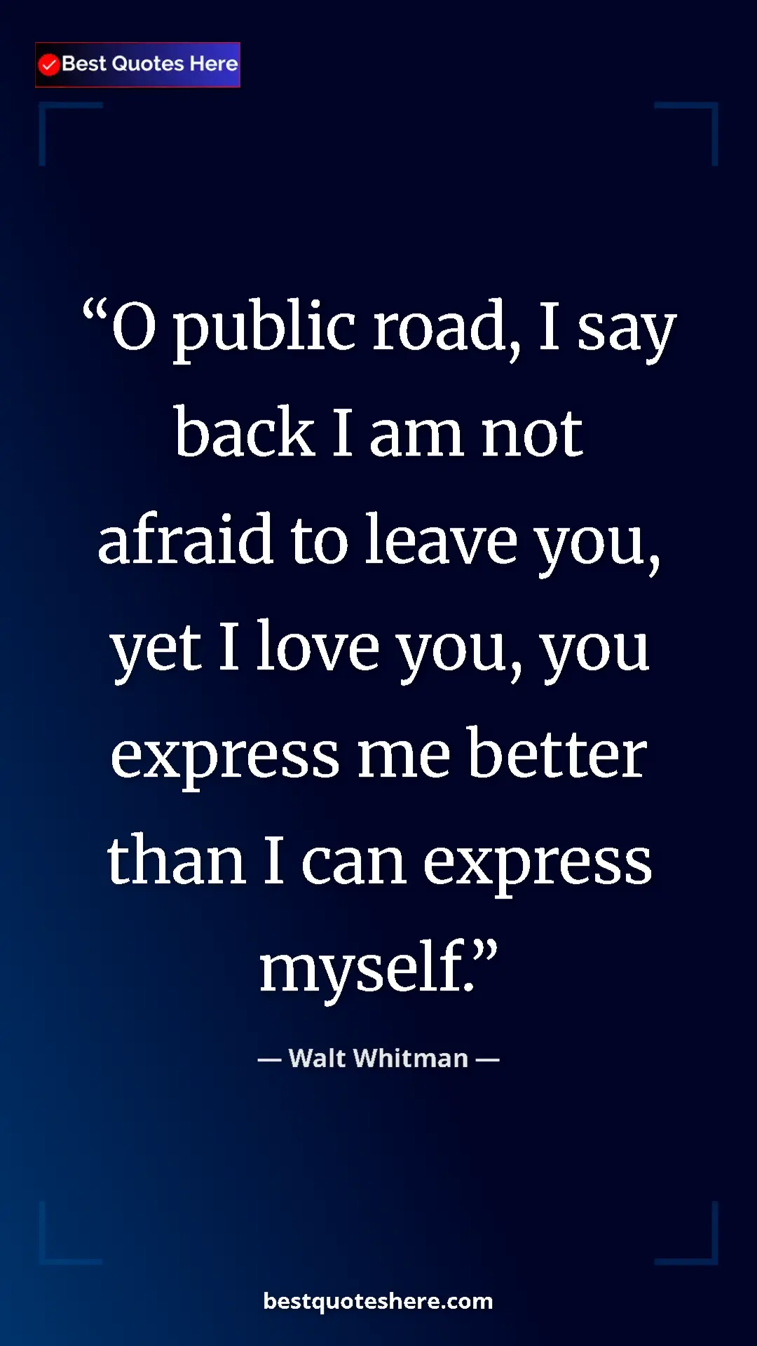 Pinterest quote poster by Walt Whitman: "O public road, I say back I am not afraid to leave you, yet "