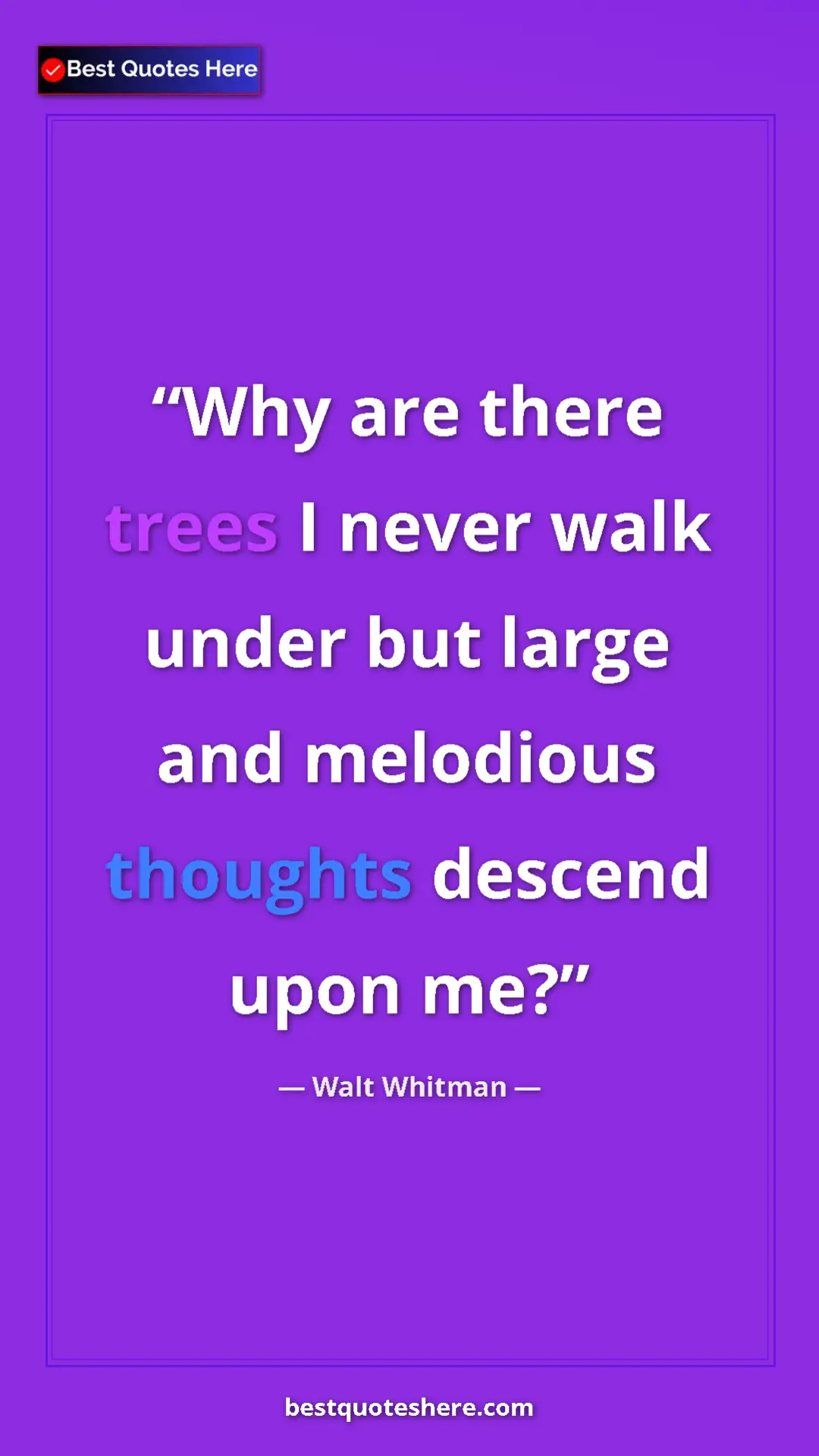 Pinterest quote poster by Walt Whitman: "Why are there trees I never walk under but large and..."