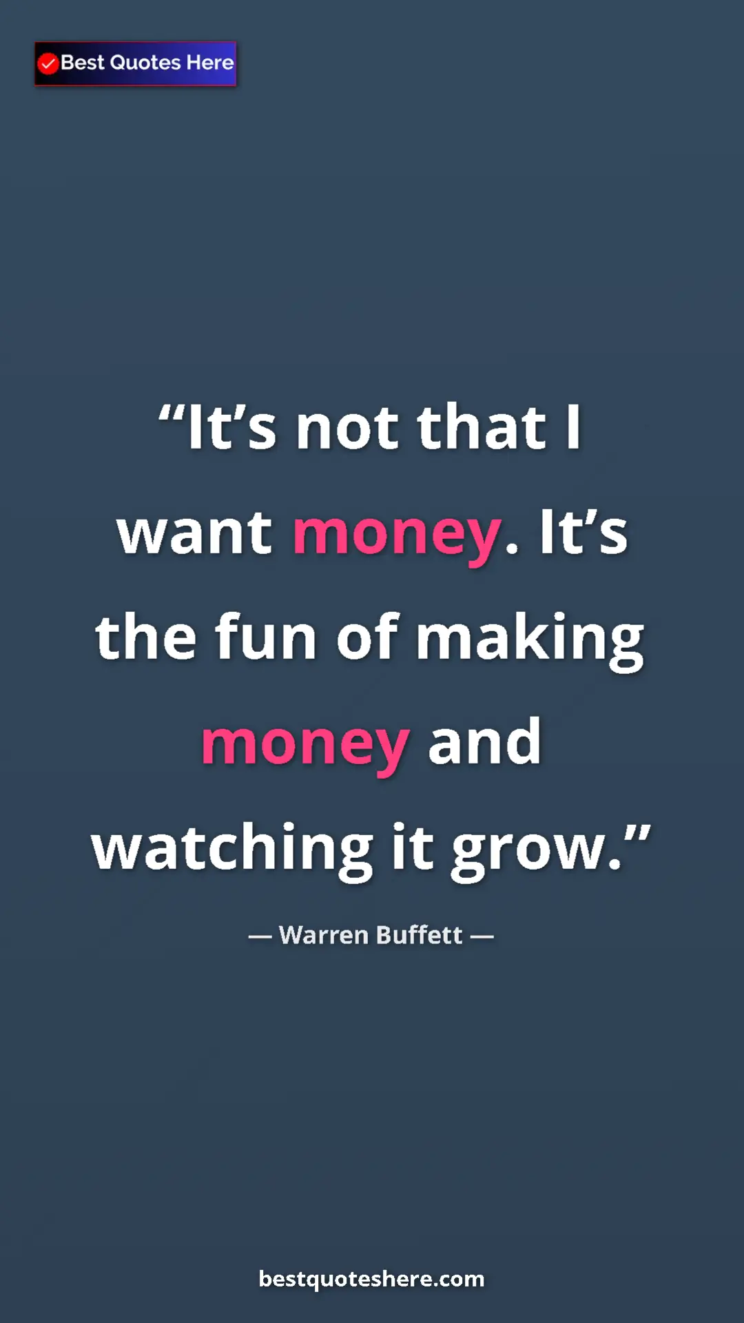 Pinterest quote poster by Warren Buffett: "It’s not that I want money. It’s the fun of making money..."