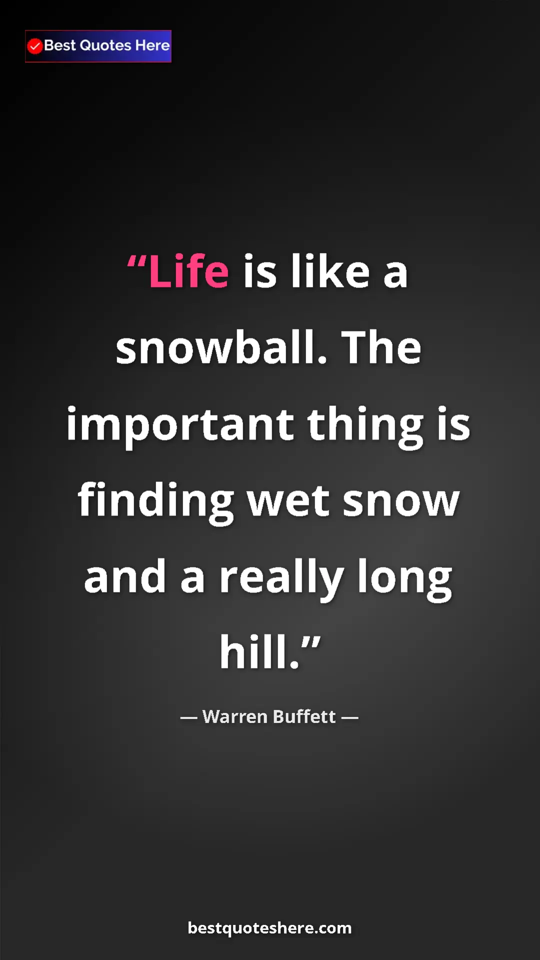 Pinterest quote poster by Warren Buffett: "Life is like a snowball. The important thing is finding wet..."
