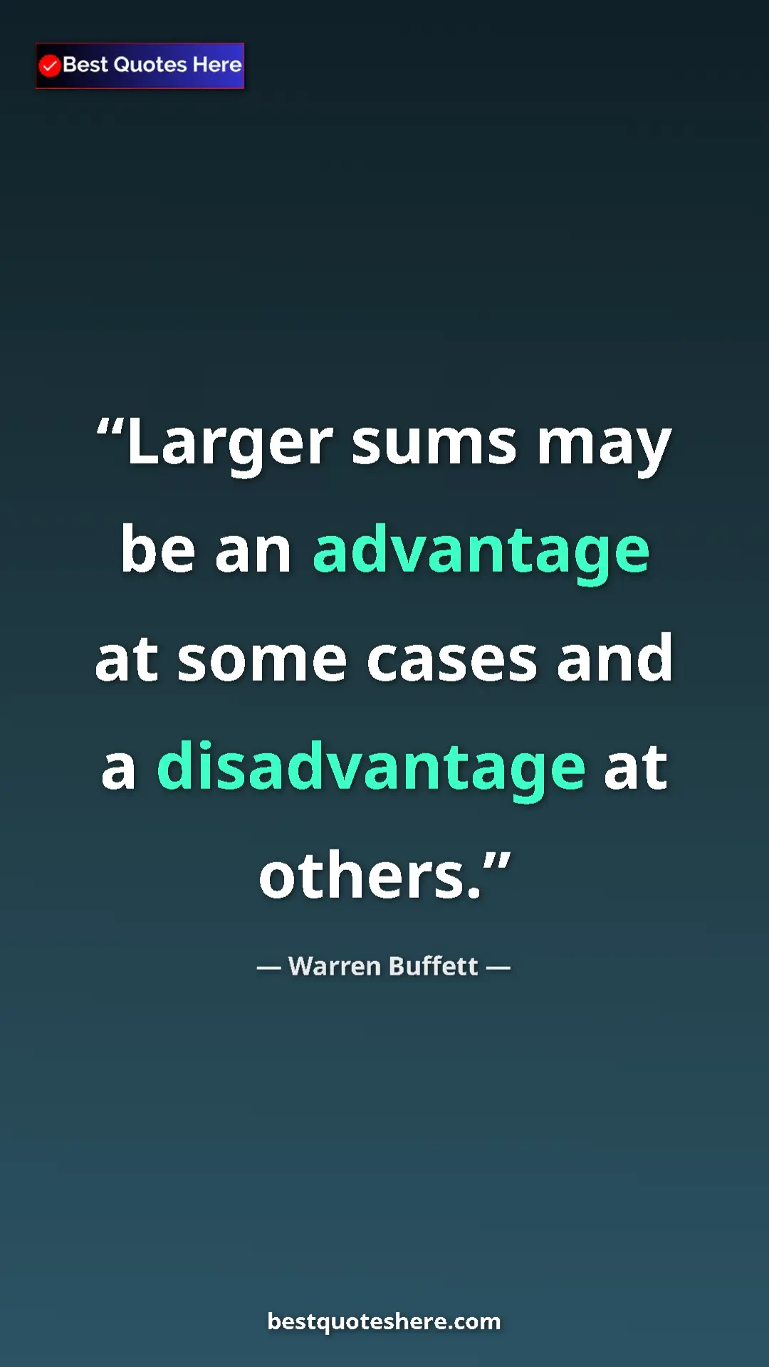 Pinterest quote poster by Warren Buffett: "Larger sums may be an advantage at some cases and a..."