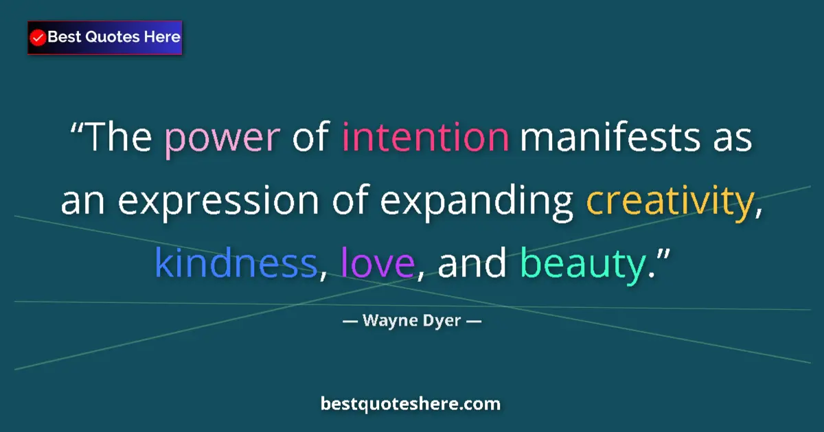 Quote by Wayne Dyer: The power of intention manifests as an expression of expanding creativity, kindness, love, and beaut...