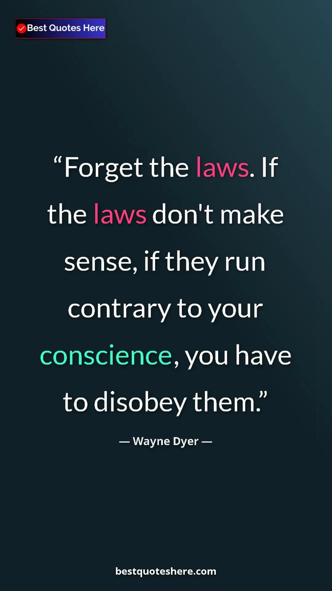 Pinterest quote poster by Wayne Dyer: "Forget the laws. If the laws don't make sense, if they run..."