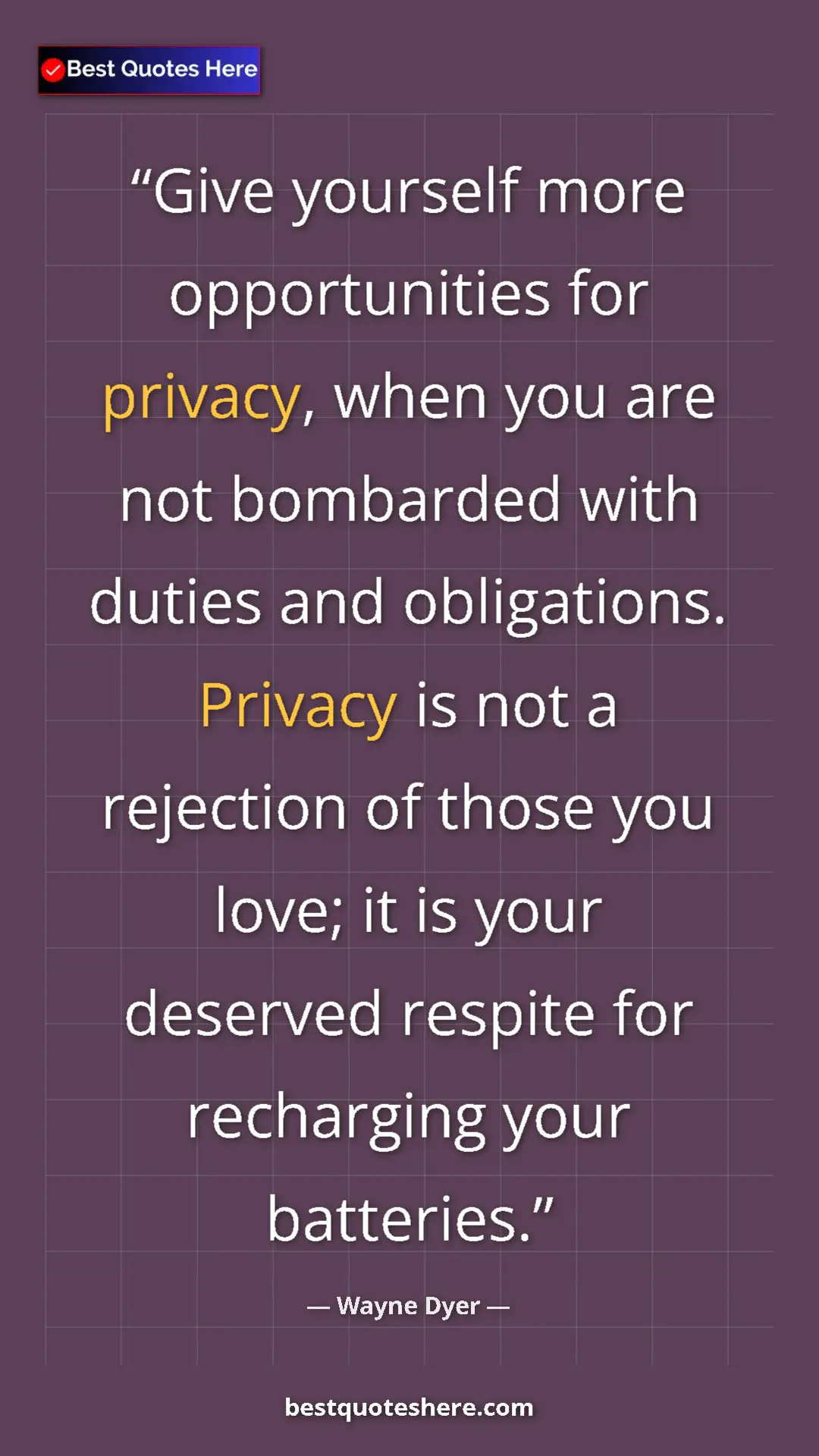Wayne Dyer Quote Card: "Give yourself more opportunities for privacy, when you are..." Pinterest quote poster by Wayne Dyer: "Give yourself more opportunities for privacy, when you are..."
