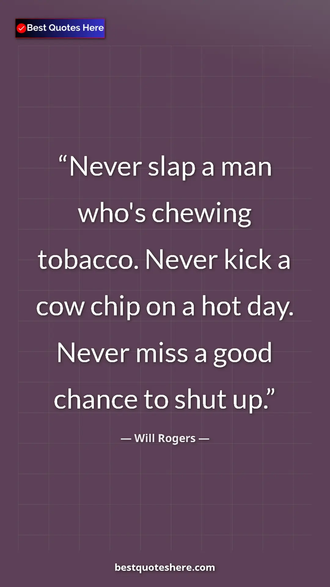 Will Rogers Quote Card: "Never slap a man who's chewing tobacco. Never kick a cow..." Pinterest quote poster by Will Rogers: "Never slap a man who's chewing tobacco. Never kick a cow..."