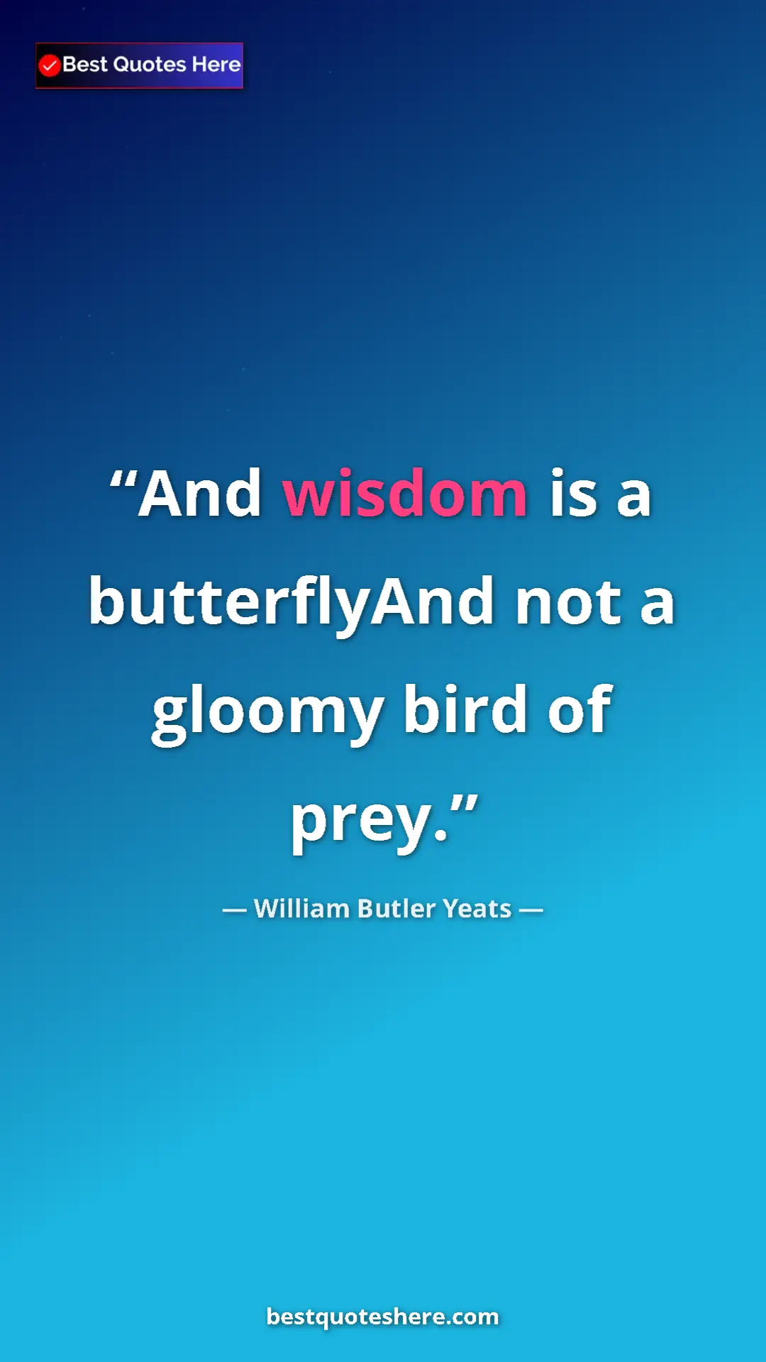 William Butler Yeats Quote Card: "And wisdom is a butterflyAnd not a gloomy bird of prey." Pinterest quote poster by William Butler Yeats: "And wisdom is a butterflyAnd not a gloomy bird of prey."