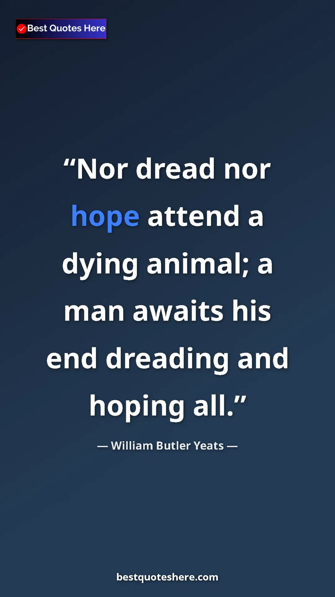 Pinterest quote poster by William Butler Yeats: "Nor dread nor hope attend a dying animal; a man awaits his..."