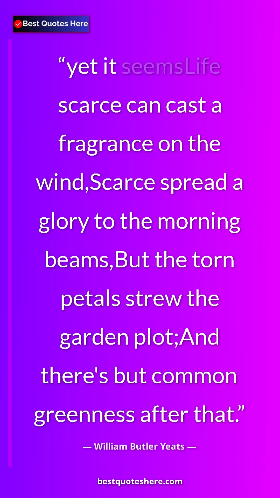 William Butler Yeats Quote Card: "yet it seemsLife scarce can cast a fragrance on the..." Pinterest quote poster by William Butler Yeats: "yet it seemsLife scarce can cast a fragrance on the..."