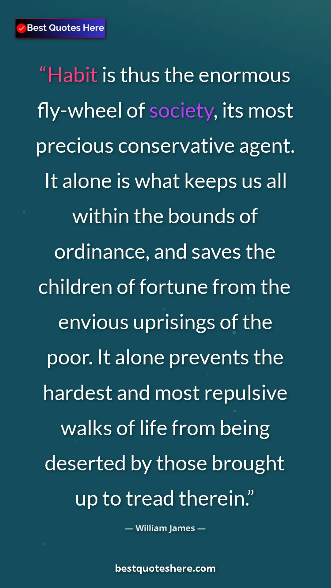 Pinterest quote poster by William James: "Habit is thus the enormous fly-wheel of society, its most..."