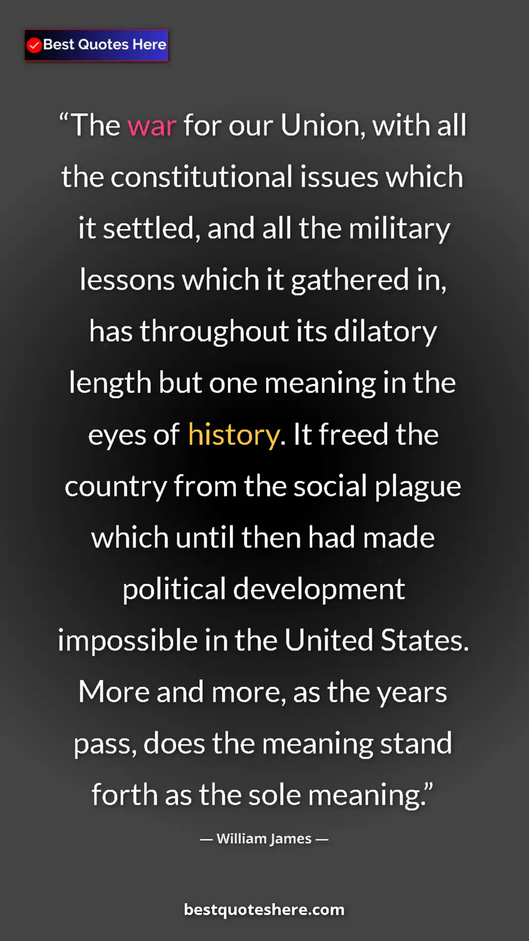 William James Quote Card: "The war for our Union, with all the constitutional issues..." Pinterest quote poster by William James: "The war for our Union, with all the constitutional issues..."