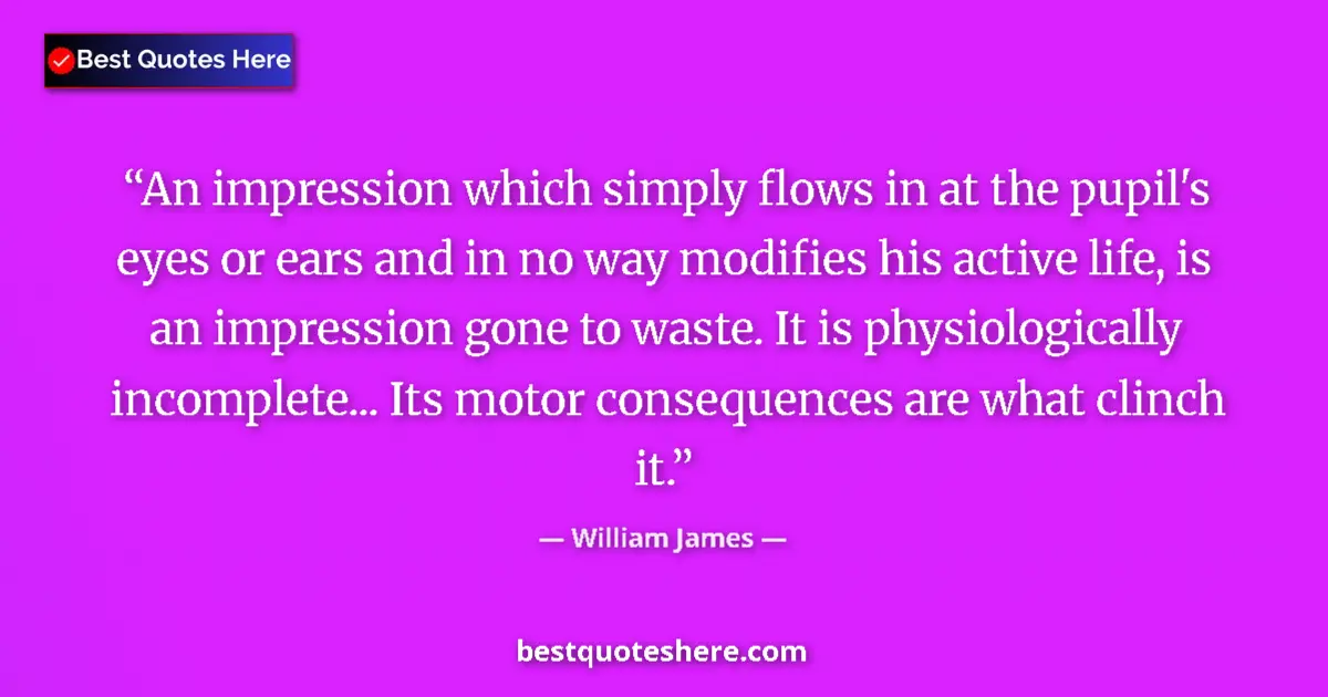 William James quote: "An impression which simply flows in at the pupil's eyes or..."