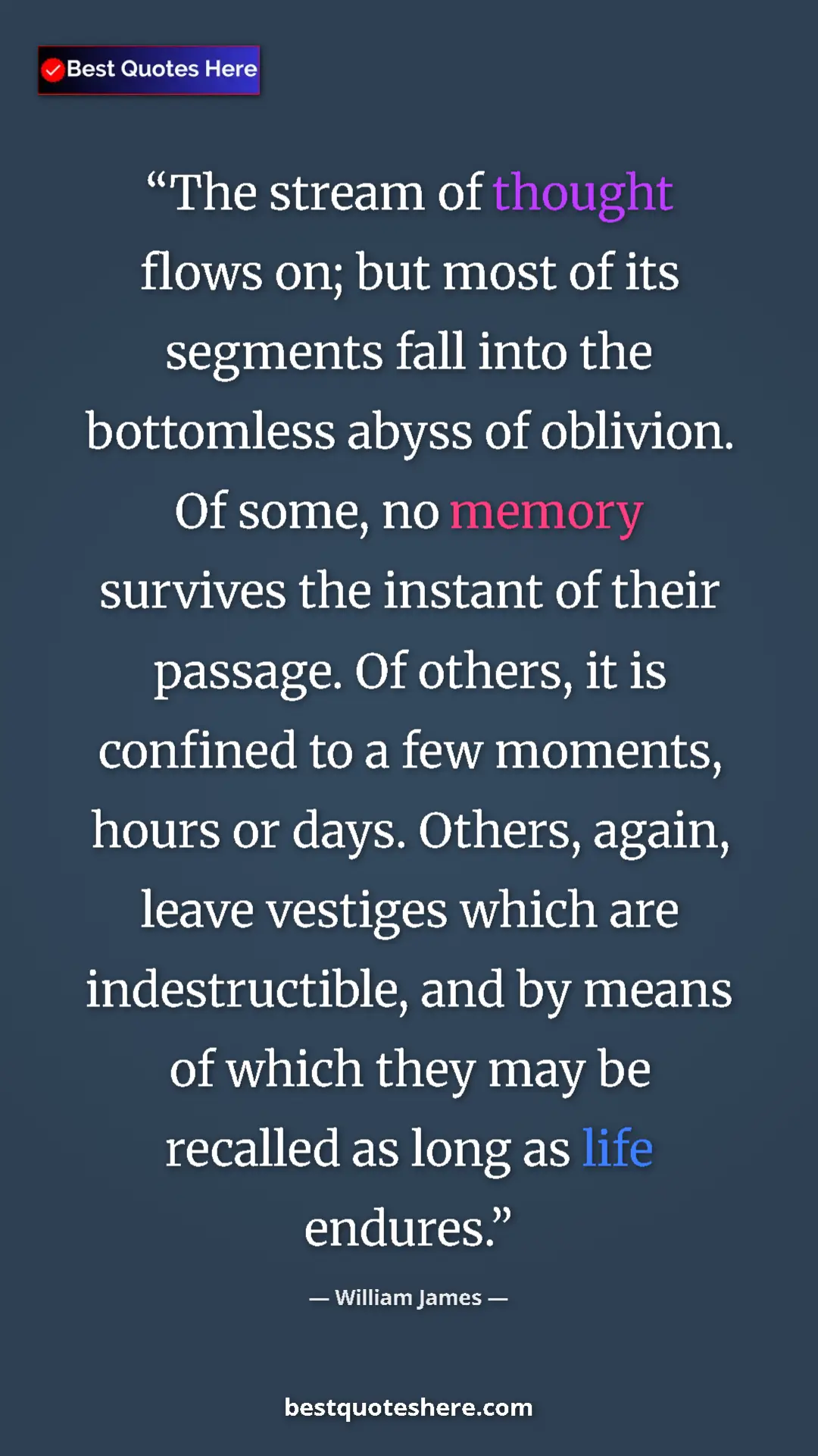 Pinterest quote poster by William James: "The stream of thought flows on; but most of its segments..."