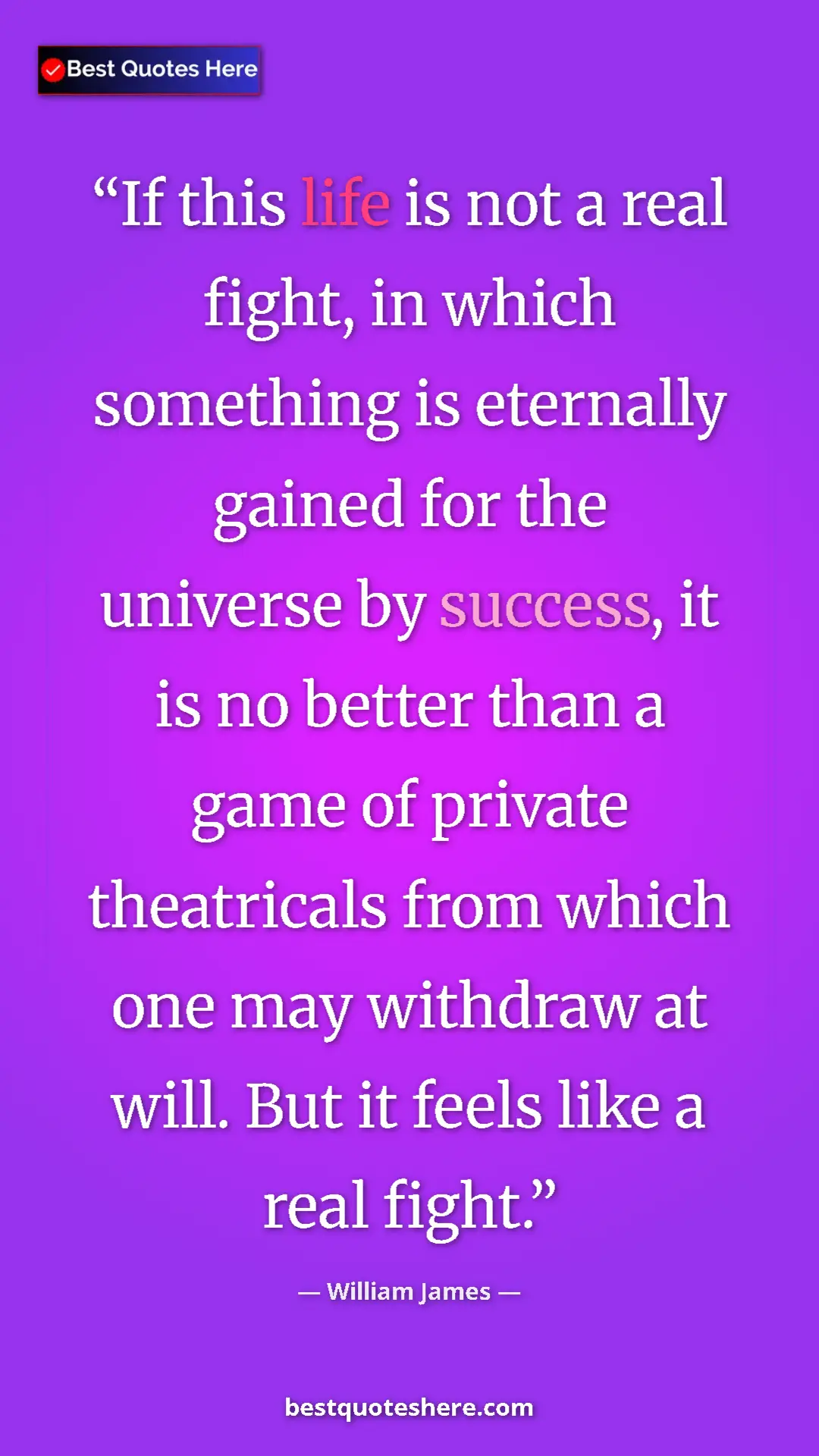 Pinterest quote poster by William James: "If this life is not a real fight, in which something is..."