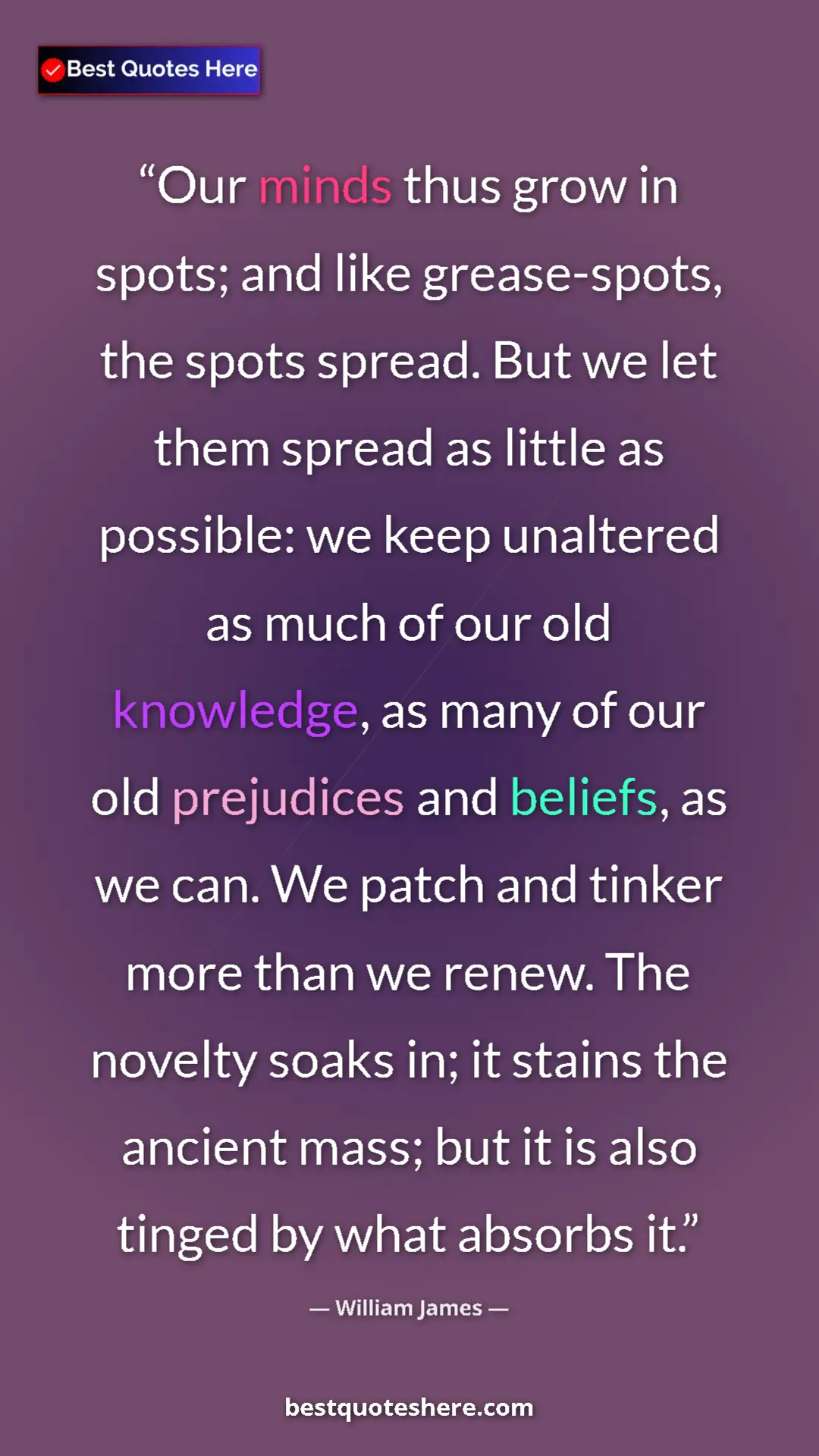 William James Quote Card: "Our minds thus grow in spots; and like grease-spots, the..." Pinterest quote poster by William James: "Our minds thus grow in spots; and like grease-spots, the..."