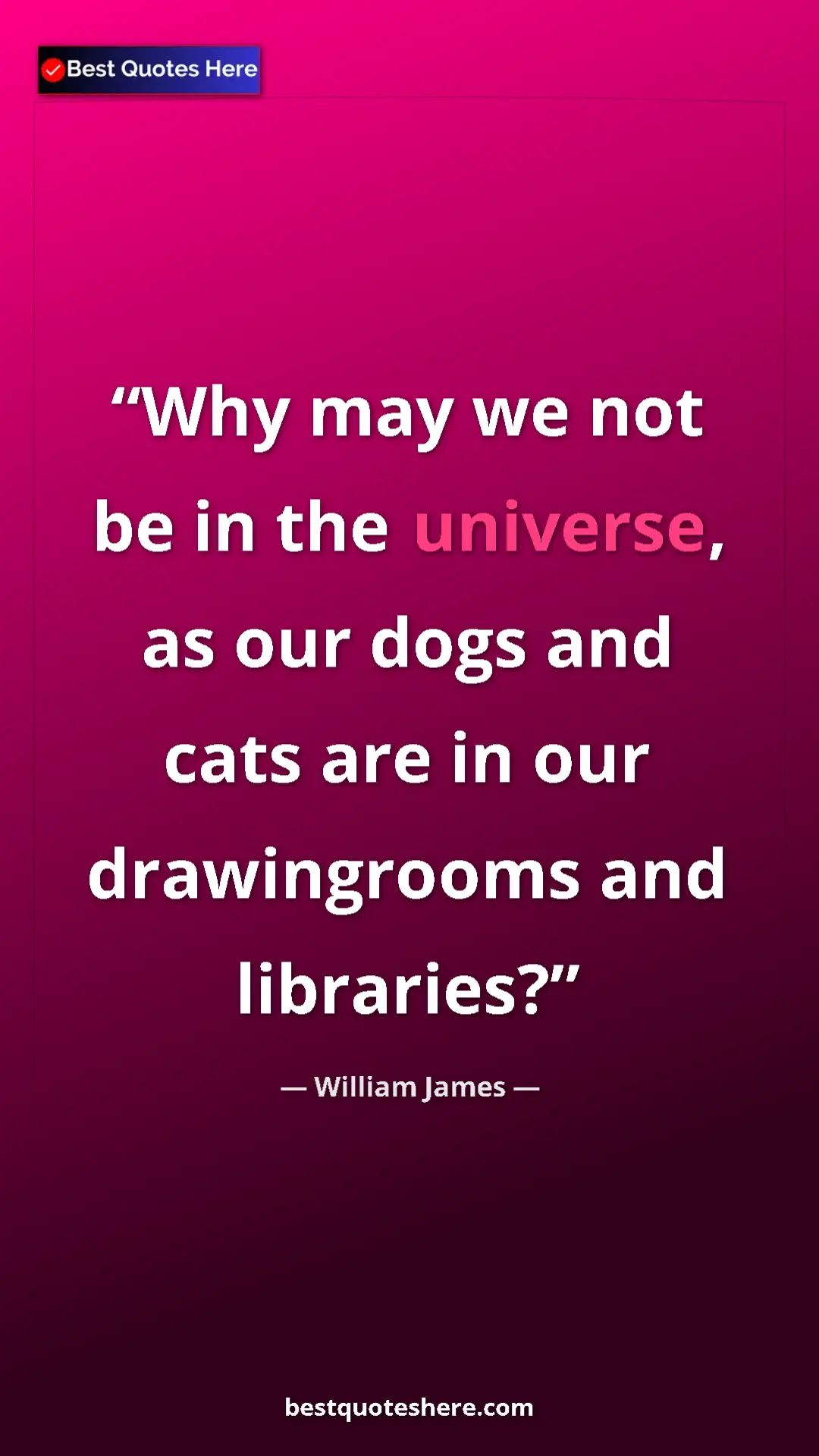 William James Quote Card: "Why may we not be in the universe, as our dogs and cats are " Pinterest quote poster by William James: "Why may we not be in the universe, as our dogs and cats are "
