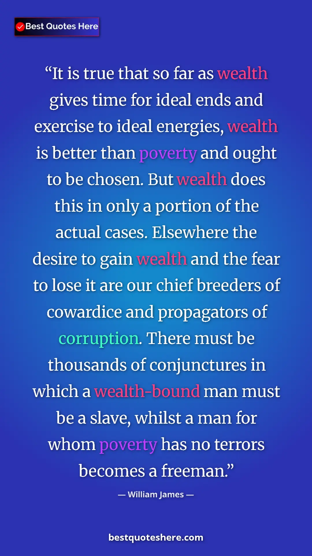 Pinterest quote poster by William James: "It is true that so far as wealth gives time for ideal ends..."
