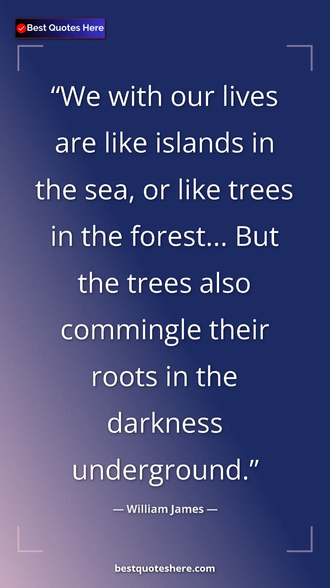 Pinterest quote poster by William James: "We with our lives are like islands in the sea, or like..."
